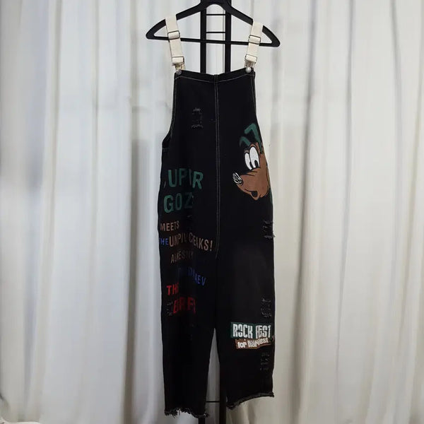 [BUNJANG] Women's Denim Jumpsuit Overalls - Adjustable Strap / 여성 점프수트 데님 멜빵바지 흑청 (길이 끈 조절 가능) FREE 오일장