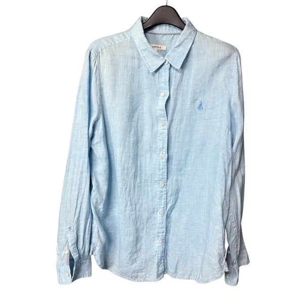 [BUNJANG] Beanpole Women's Sky Blue Linen Shirt / 100 빈폴 여성 로고 스카이블루 린넨 셔츠