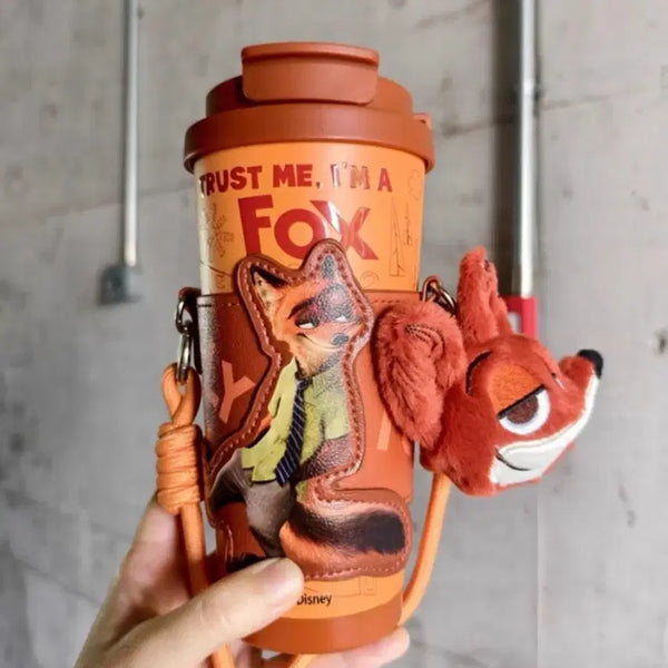 [BUNJANG] Zootopia Nick Wilde Stainless Steel Tumbler 500ml with Keychain + Holder + Cross Strap / 닉 주디 와일드 스텐 텀블러 500ml 키링+홀더+크로스 끈
