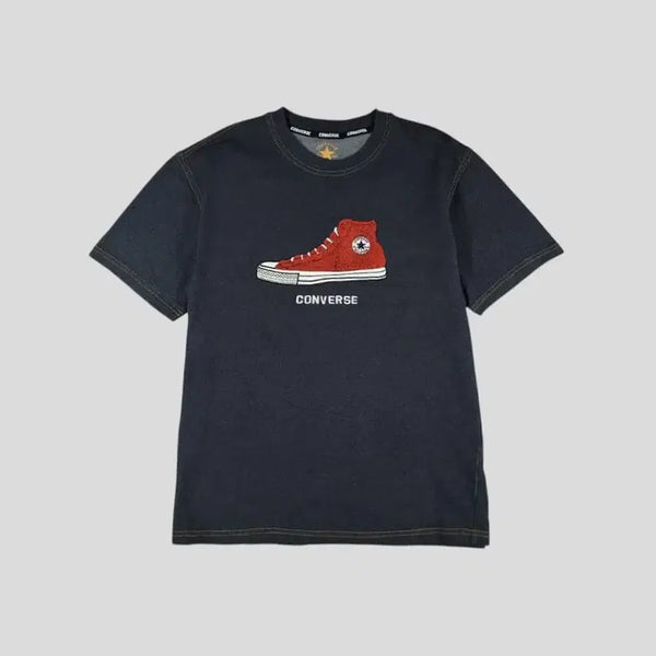 [BUNJANG] Converse JP Dark Indigo Denim Texture Yellow Stitch Red Chuck Taylor Sneakers Cotton Blend T-Shirt M / 컨버스 JP 다크인디고 데님텍스처 옐로우스티치 레드 척테일러 스니커즈 부클로고 코튼블렌드 반팔 티셔츠 M