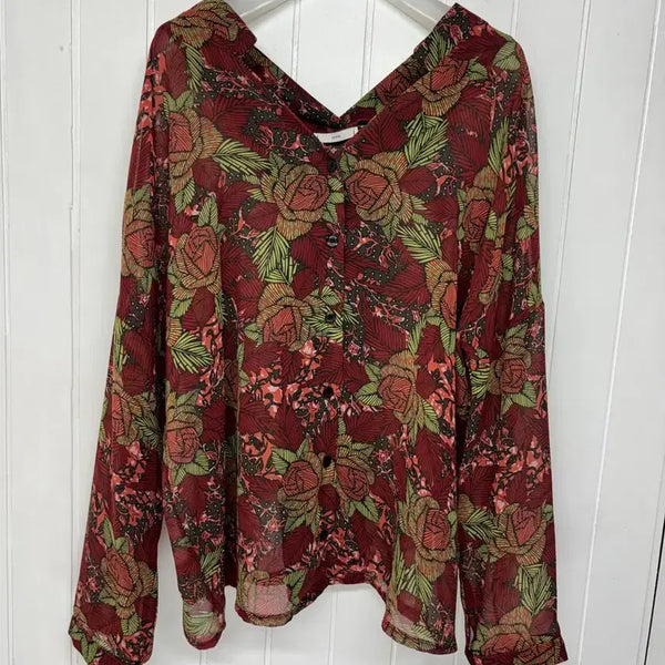 [BUNJANG] Aggie Red Chiffon Floral Blouse (Free Size) / aggie 어기 레드 쉬폰 블라우스 F ㅡ0723