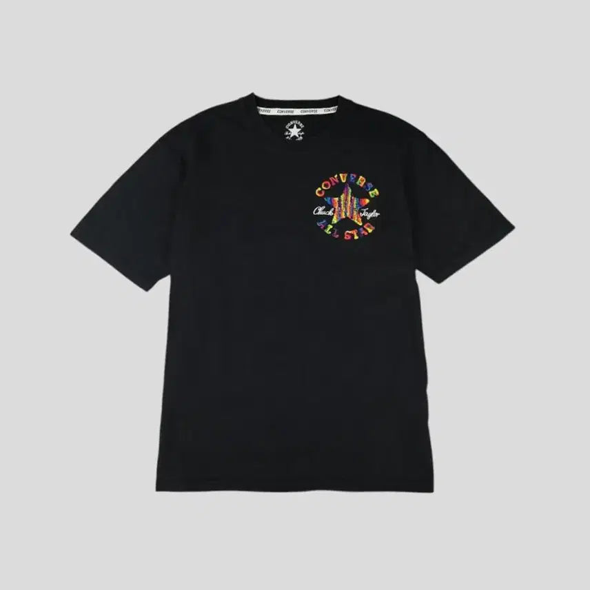 [BUNJANG] Converse JP Black Rainbow Crocheted Buklogo Cotton Short Sleeve T-Shirt (M) / 컨버스 JP 블랙 레인보우 크로셰 부클로고 코튼 반팔 티셔츠 M
