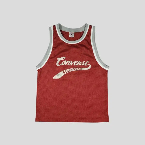 [BUNJANG] Converse Red, Gray, White Colorblock Spellout Logo Old School Mesh Basketball Jersey Sleeveless Top L / 컨버스 레드 그레이 화이트 배색 스펠아웃 로고 올드스쿨 메쉬 농구져지 슬리브리스 민소매 나시 L