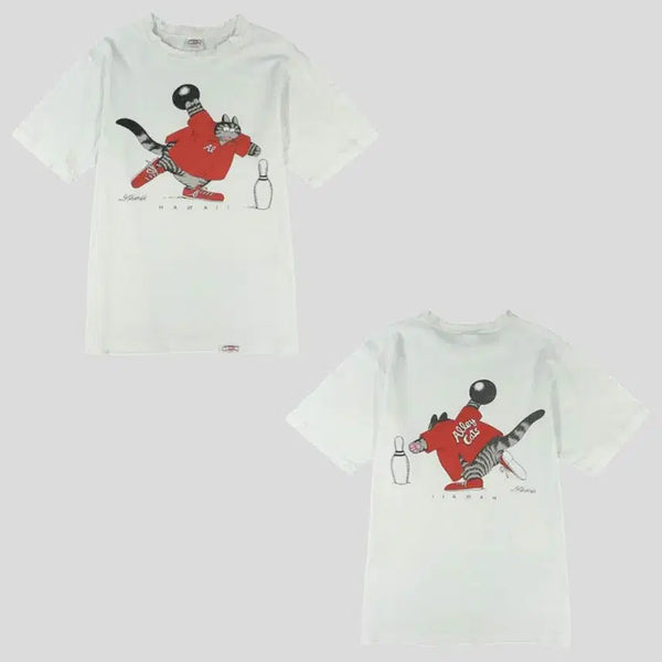 [BUNJANG] CRAZY SHIRTS Hawaii 90s White Kliban Cat Distressed Cotton T-Shirt - Size M / CRAZY SHIRTS 크레이지 셔츠 하와이 90s 화이트 클리반캣 볼링 디스트로이드 올드스쿨 코튼 반팔 티셔츠 MADE IN USA M