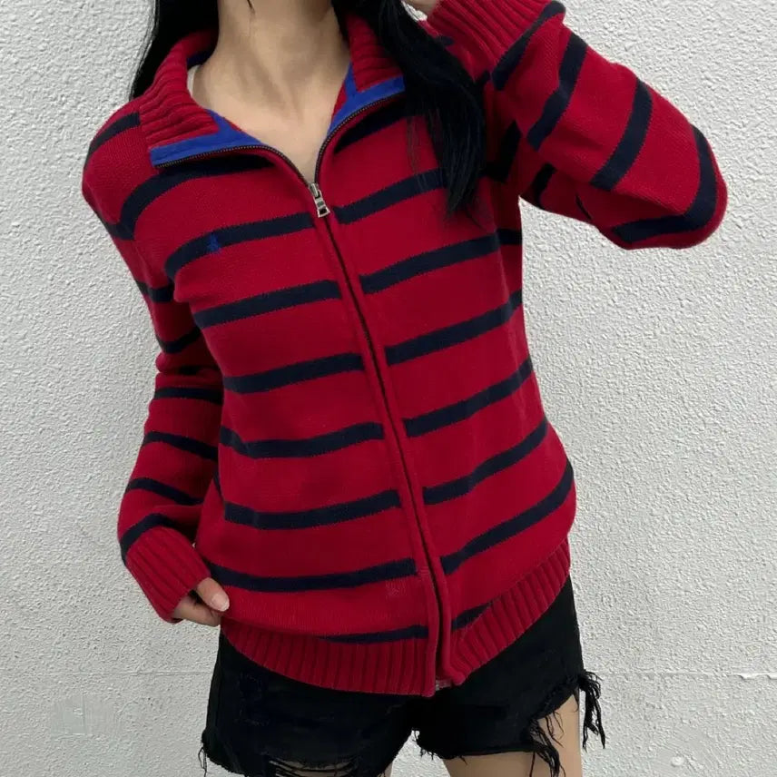 [BUNJANG] Polo Ralph Lauren Blue Pony Striped Knit Zip-Up L / 폴로 랄프로렌 블루포니 단가라 니트집업 L
