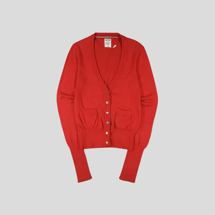 [BUNJANG] Tommy Hilfiger Hilfiger Denim 00s Red Mini Logo V-Neck Cotton Knit Cardigan (Womans S) / 타미힐피거 힐피거데님 00s 레드 미니 로고 브이넥 코튼 니트 가디건 WOMANS S