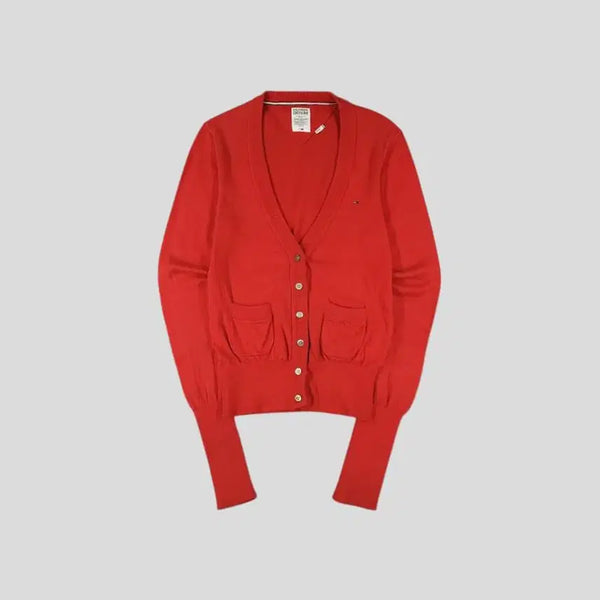[BUNJANG] Tommy Hilfiger Hilfiger Denim 00s Red Mini Logo V-Neck Cotton Knit Cardigan (Womans S) / 타미힐피거 힐피거데님 00s 레드 미니 로고 브이넥 코튼 니트 가디건 WOMANS S