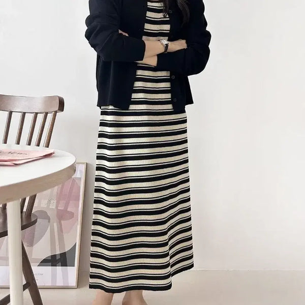 [BUNJANG] Striped Sleeveless Dress + Cardigan Set / 새상품) 단가라원피스+가디건 세트