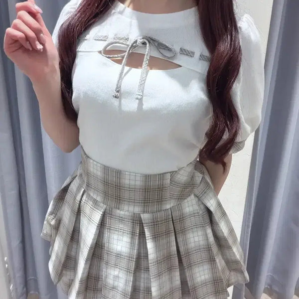 [BUNJANG] Evelyn Ribbon Check Blouse and Skirt Set / 에블린 evelyn 셋업 리본 체크 베이지 화이트 블라우스 스커트 일브