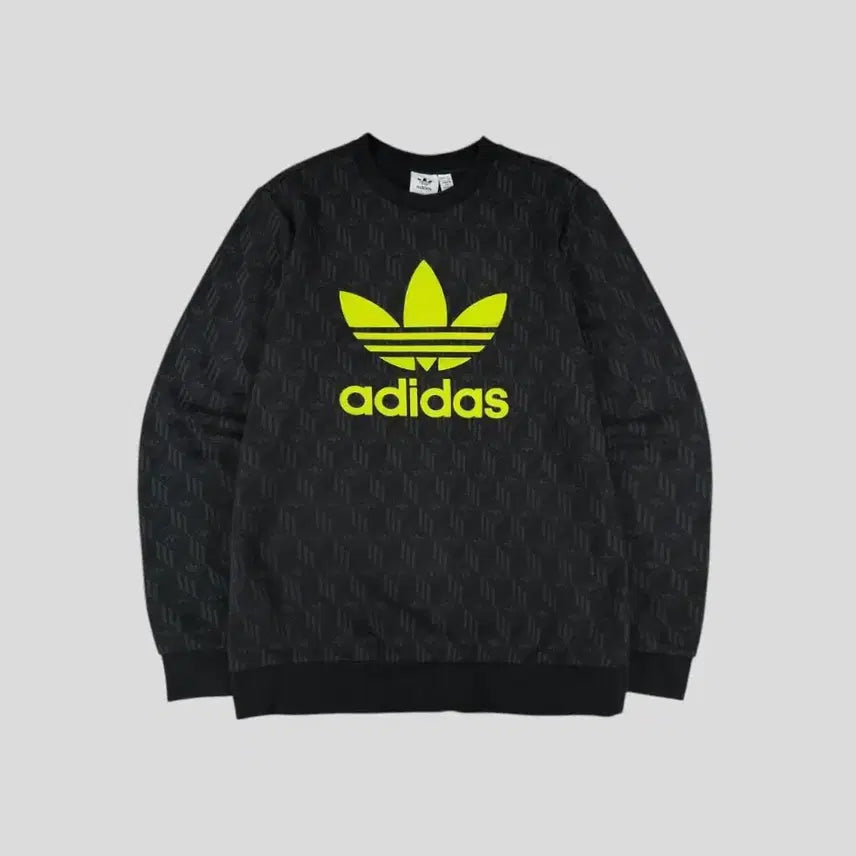 [BUNJANG] Adidas Trefoil Logo Monogram Pigment Sweatshirt / 아디다스 피그먼트 블랙 그레이 네온옐로우 트레포일 로고 모노그램 올드스쿨 맨투맨 티셔츠 S-M