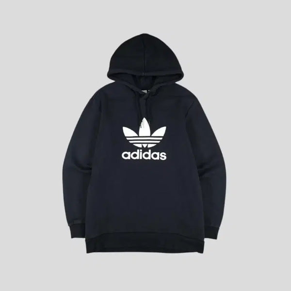 [BUNJANG] Adidas Pigment Cotton Trefoil Big Logo Old School Sweat Hoodie / 아디다스 피그먼트 블랙 화이트 트레포일 빅 로고 올드스쿨 코튼 스웻 후드 티셔츠 S-M