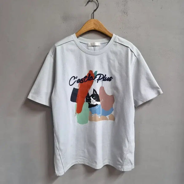 [BUNJANG] OZOC Cat Printing Short Sleeve T-Shirt / OZOC 고양이 프린팅 반팔티 free