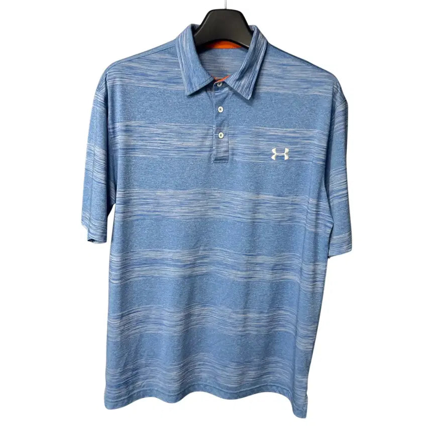 [BUNJANG] Under Armour Logo Striped Short Sleeve Polo T-Shirt XL / XL 언더아머 로고 블루 단가라 트레이닝 반팔 카라티