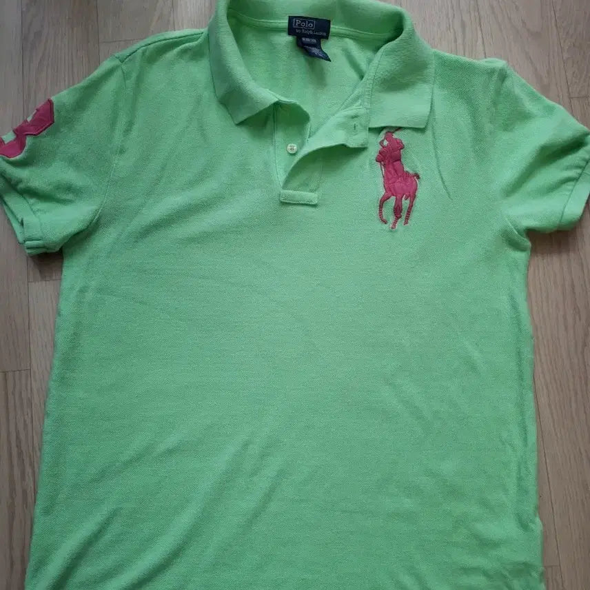 [BUNJANG] Polo Ralph Lauren Lime Green Polo Shirt Pink Big Pony Logo / 폴로 랄프로렌 라임색 카라티 핑크 빅포니