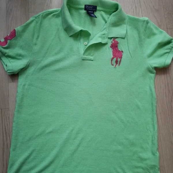 [BUNJANG] Polo Ralph Lauren Lime Green Polo Shirt Pink Big Pony Logo / 폴로 랄프로렌 라임색 카라티 핑크 빅포니