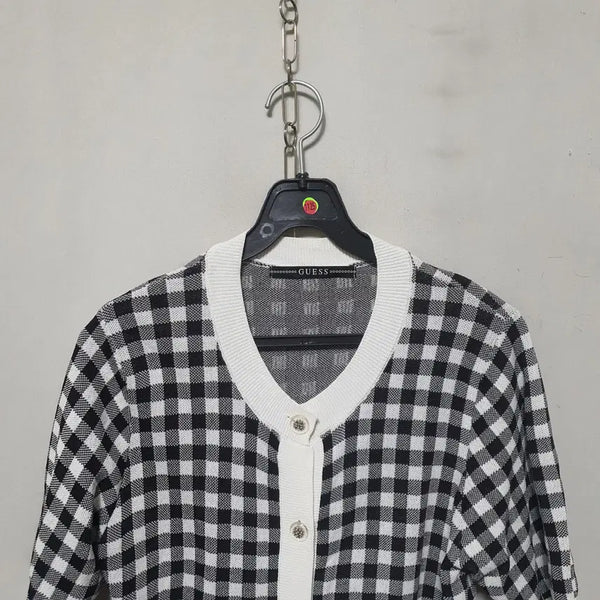 [BUNJANG] Guess Women's Short Sleeve Check Knit Cardigan (Size S, 2022 Model) / 1125) 게스 여성 반팔 체크 니트 가디건 S 22년식