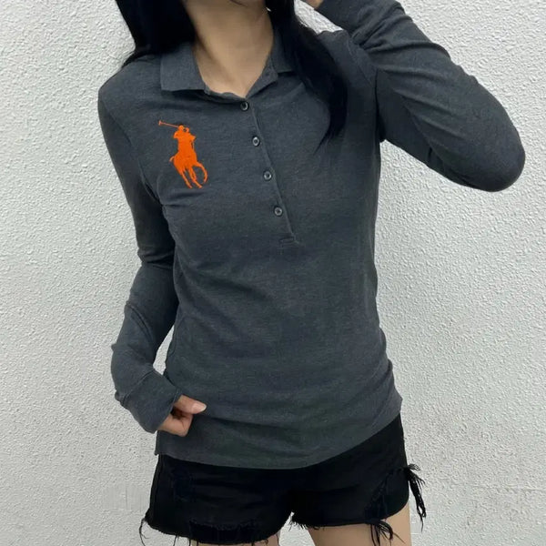 [BUNJANG] Polo Ralph Lauren Big Pony Charcoal PK Long Sleeve T-Shirt Size S / 폴로 랄프로렌 딱붙핏 빅포니 차콜 pk 긴팔티 S