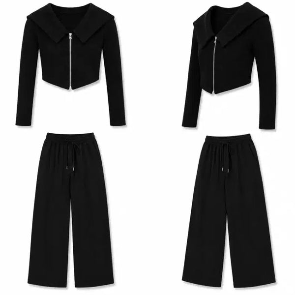 [BUNJANG] Black Sailor Collar Zip-Up Crop Cardigan & Pants Set / (가격제안O)블랙 세일러 카라 집업 크롭 가디건&팬츠 세트 싸게 판매 합니다!