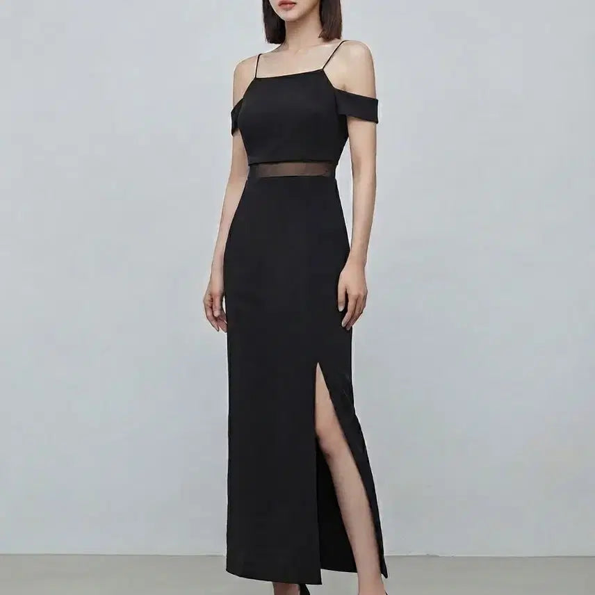 [BUNJANG] Mengsha Sheer Panel Slim Fit Long Dress with Side Slit / Mengsha 어깨밴드 시스루 배색 슬림 옆트임 롱 원피스 44  새거