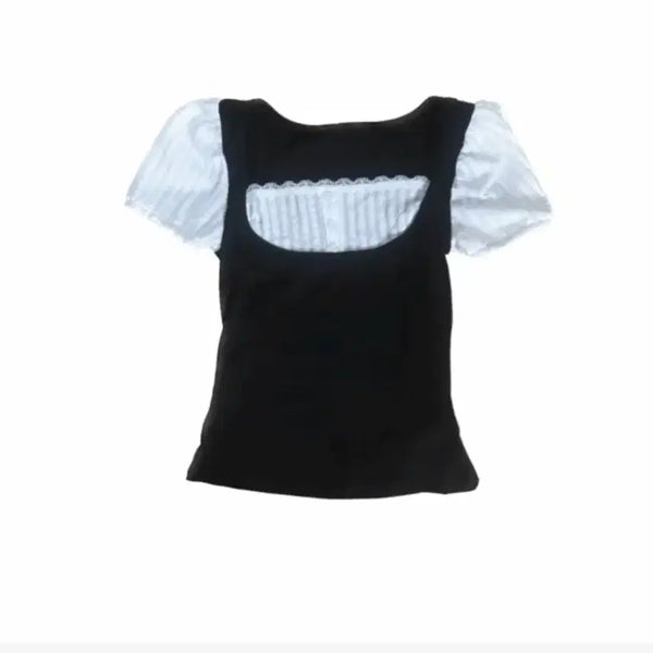 [BUNJANG] Puff Sleeve Lace Short Sleeve T-Shirt / 퍼프 레이스 반팔티
