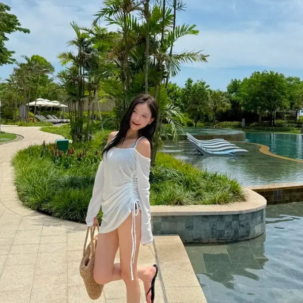 [BUNJANG] Off-Shoulder Shirring See-Through Bikini Cover-up Mini Dress / [새상품/원가 2.6] 오프숄더 셔링 비키니 커버업 시스루 티셔츠 원피스