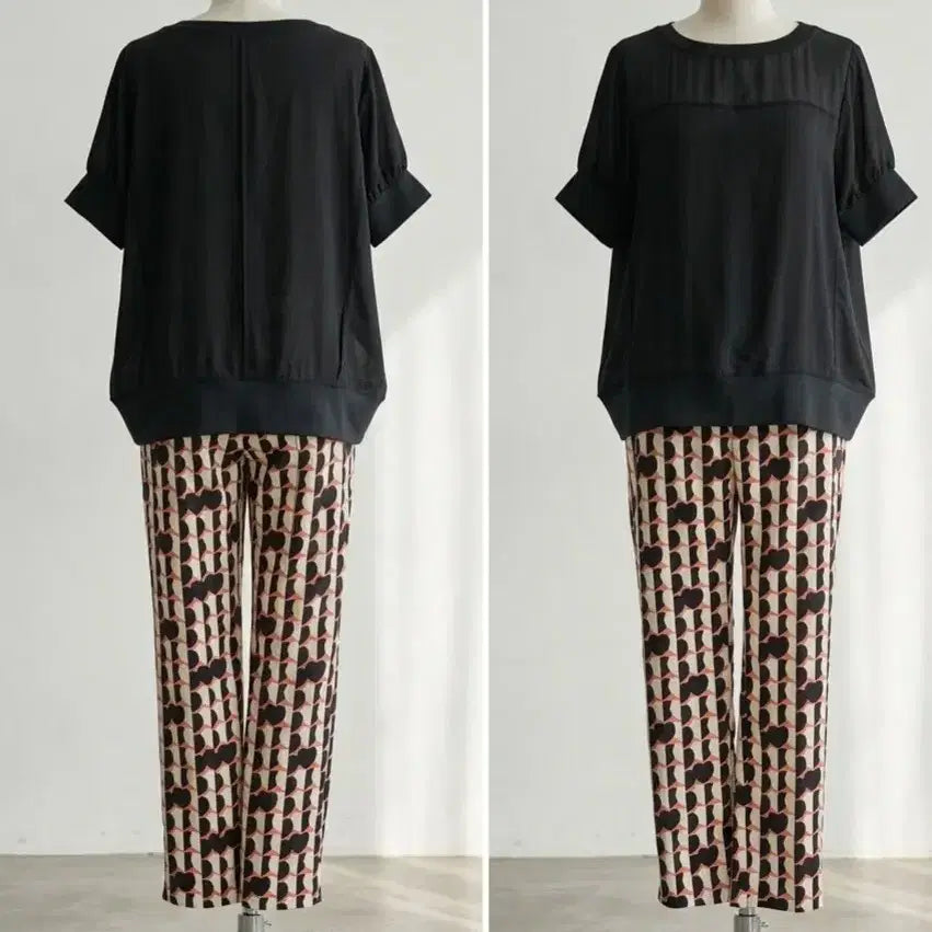 [BUNJANG] Black Chiffon Top & Slim Fit Heart Print Pants Set / (강남편집샵)블랙쉬폰 상의+  일자 슬림 하트 나염 팬츠 세트 (새상품)