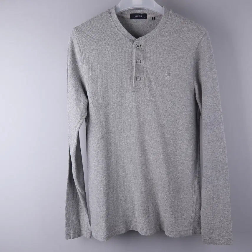 [BUNJANG] Hazzys Men's Cotton Half-Button Long Sleeve T-Shirt Grey (Size 100) / 헤지스 남성 면 반버튼긴팔티셔츠 그레이 (100)