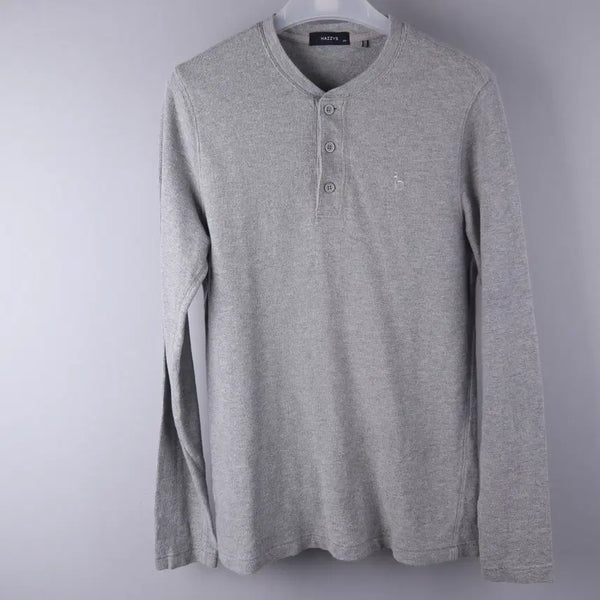 [BUNJANG] Hazzys Men's Cotton Half-Button Long Sleeve T-Shirt Grey (Size 100) / 헤지스 남성 면 반버튼긴팔티셔츠 그레이 (100)