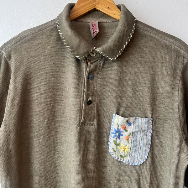 [BUNJANG] BOB Men's Washed Khaki Hand-Stitch Polo T-Shirt / BOB 남성 워싱카키 핸드스티치 PK카라반팔티셔츠 100
