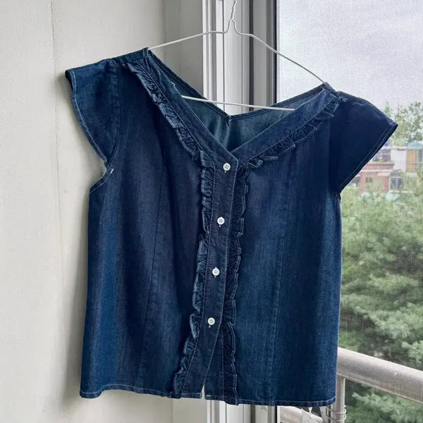 [BUNJANG] Navy Frill Denim Short Sleeve Blouse / (새상품) 네이비 프릴 데님 반팔 블라우스