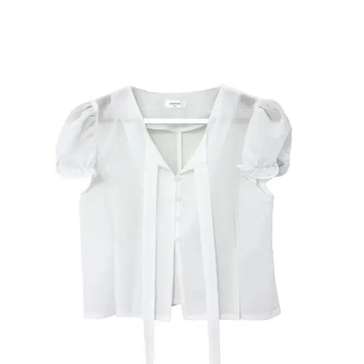 [BUNJANG] White Puff Sleeve Ribbon Detail Blouse / 블라우스
