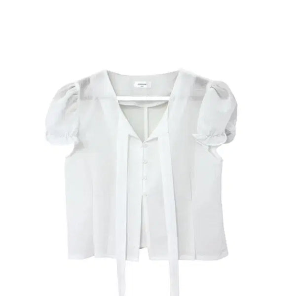 [BUNJANG] White Puff Sleeve Ribbon Detail Blouse / 블라우스