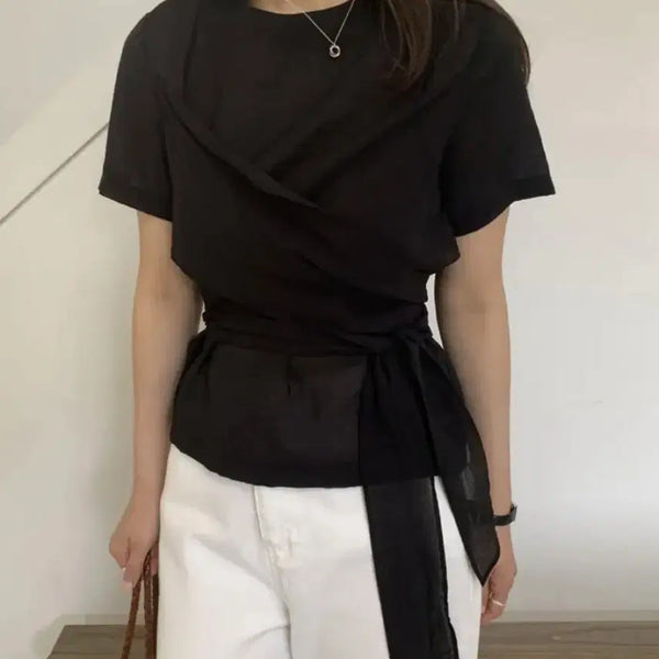 [BUNJANG] Sheer Bustier Blouse Black / 랩 뷔스티에 시어 블라우스 블랙