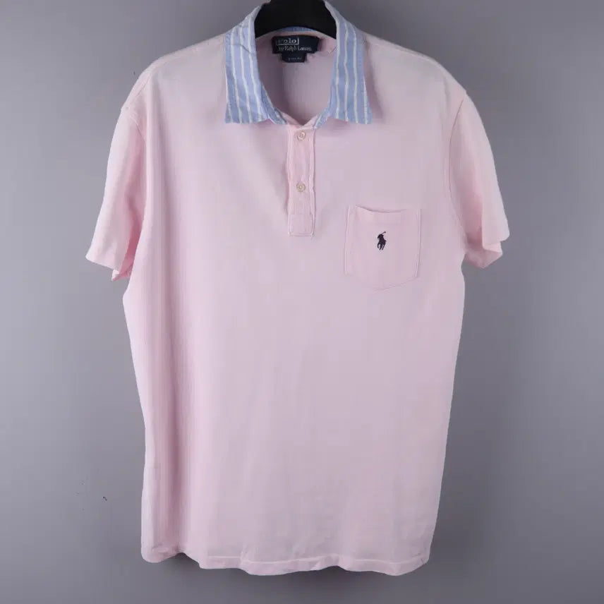 [BUNJANG] Polo Ralph Lauren Striped Collar T-Shirt Pink XL / 폴로 랄프로렌 카라 스트라이프 카라티 반팔 핑크 (XL)