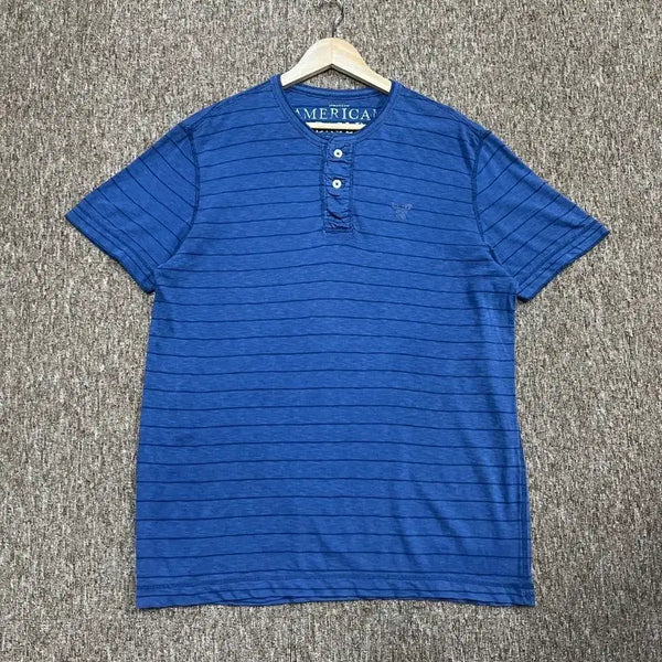 [BUNJANG] American Eagle Striped Henley Neck T-Shirt L Blue / 아메리칸이글 스트라이프 헨리넥 티셔츠 L 블루