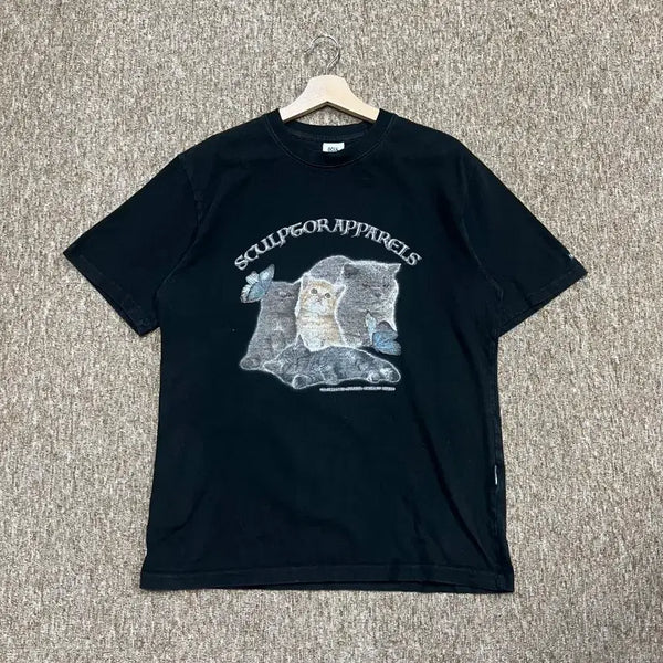 [BUNJANG] Sculptor Cat Printing Short Sleeve T-Shirt (Black, Size S) / 스컬프터 고양이 프린팅 반팔티 S 블랙