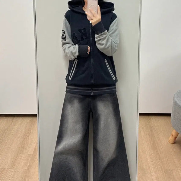 [BUNJANG] Nike Arch Logo Old School Grey Black Hoodie / 나이키 아치로고 올드스쿨 그레이 블랙 후드집업