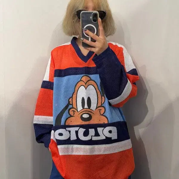 [BUNJANG] Disney Pluto 80s Vintage Mesh Long Sleeve Football Shirt - M / M 80s 디즈니 빈티지 플루토 메쉬 긴팔 풋볼 셔츠