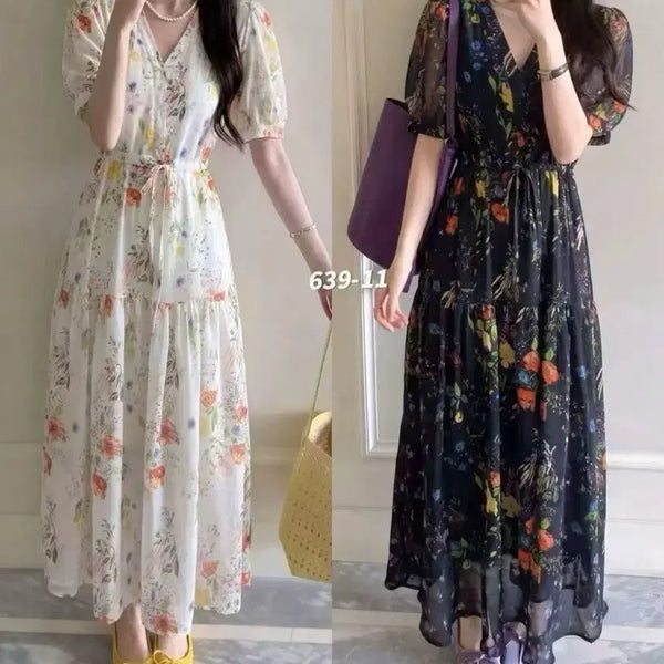 [BUNJANG] Floral Chiffon Long Dress (Black) / (새상품) 플로럴 쉬폰 롱 원피스 (블랙)