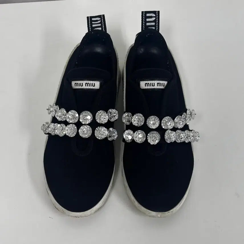 [BUNJANG] Miu Miu Knit Crystal Slip-On Sneakers / 미우미우 니트 크리스탈 슬립온 스니커즈 38사이즈