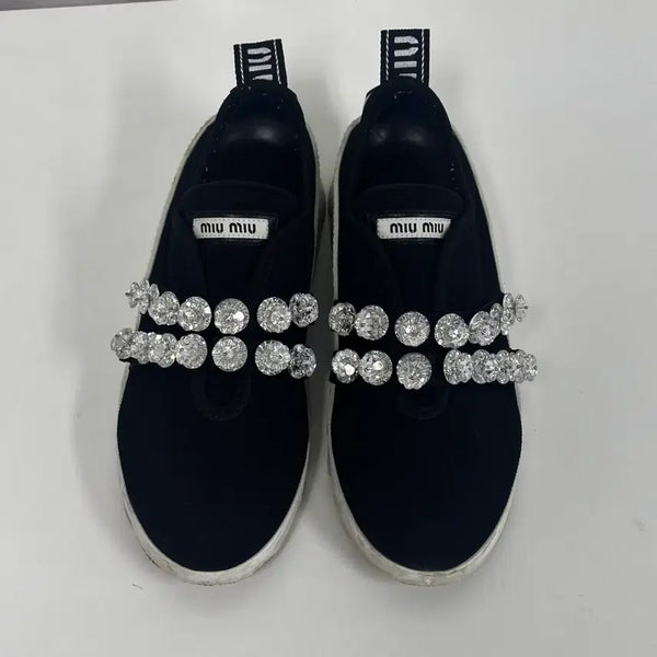 [BUNJANG] Miu Miu Knit Crystal Slip-On Sneakers / 미우미우 니트 크리스탈 슬립온 스니커즈 38사이즈