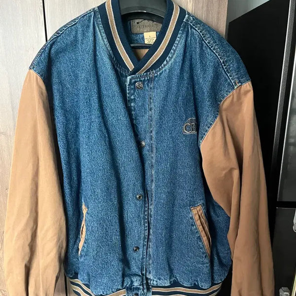 [BUNJANG] Denim Baseball Jacket with Khaki Sleeves / 청자켓 야구 점퍼 카키 소매