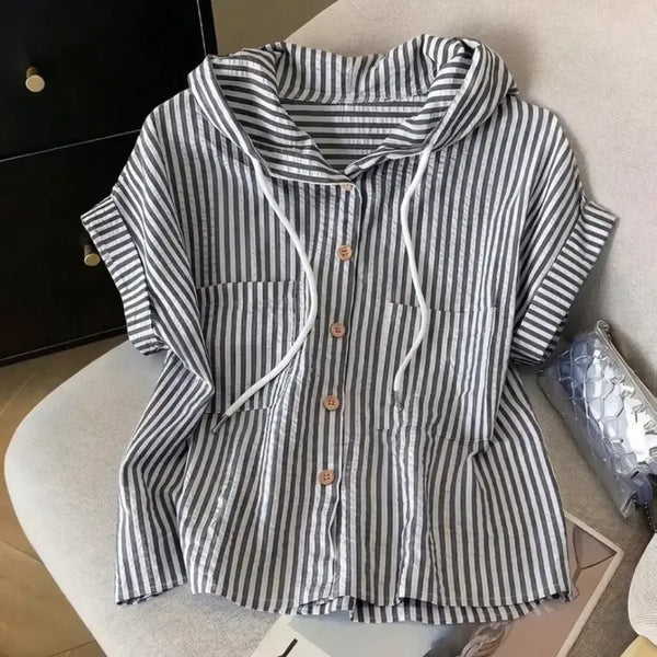 [BUNJANG] Striped Hooded Short Sleeve Shirt Black / 새상품 스트라이프 후드 반팔 셔츠 블랙