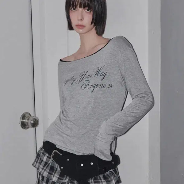 [BUNJANG] LENSE Long Sleeve Boatneck T-Shirt Everyday Your Way Graphic T-Shirt Melange Gray / 렌세 긴소매 보트넥 티셔츠 무신사 Everyday Your Way Graphic T-Shirt Melange Gray