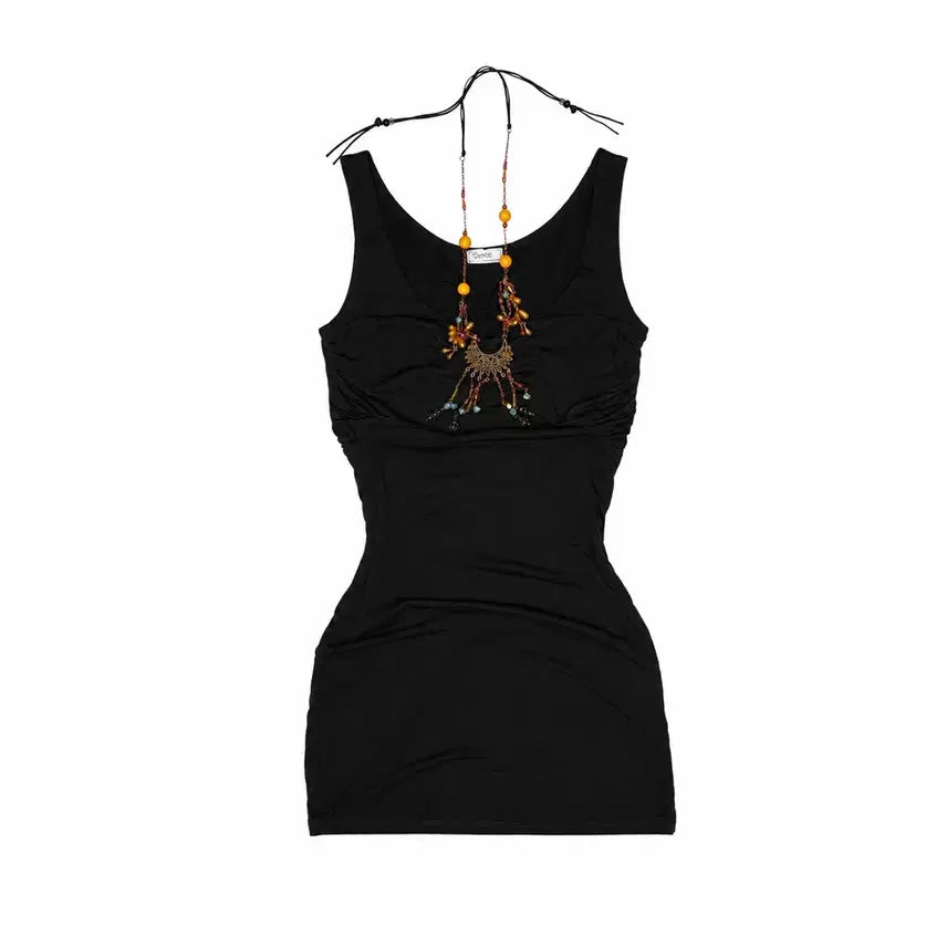 [BUNJANG] Ethnic Oriental Deep V-Neck Halter Sleeveless Mini Dress / 에스닉 오리엔탈 딥유넥 홀터 민소매 미니 원피스