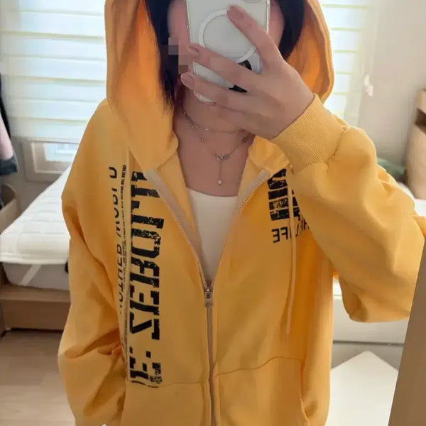 [BUNJANG] Yellow Lettering Point Hood Zip-up / 옐로우 레터링 포인트 후드집업
