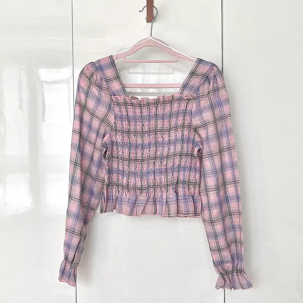 [BUNJANG] QED London Pink Blue Check Ruffle Blouse Top / 영국 베이스 브랜드 QED LONDON 핑크 체크 러플 블라우스 탑 블루