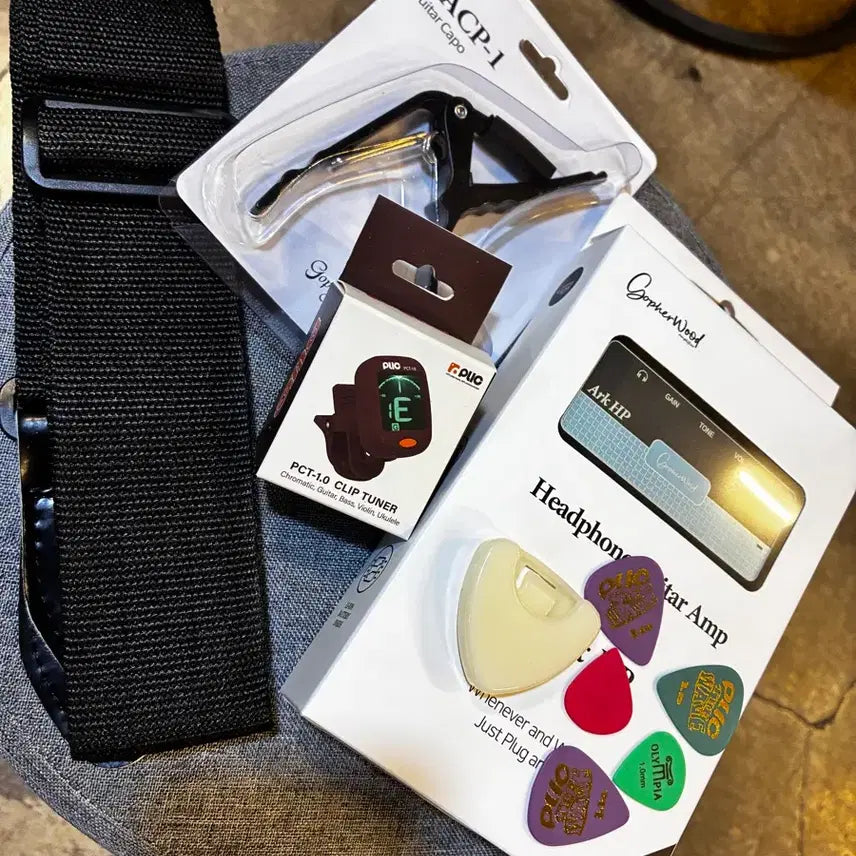 [BUNJANG] Gopherwood ARK Headphone Amplifier, Tuner, Picks, Pick Case, Capo, Strap Accessory Pack for Electric Guitar/Bass / [전국택배가능] 휴대용 헤드폰앰프 포함 일렉기타 베이스  악세사리 팩