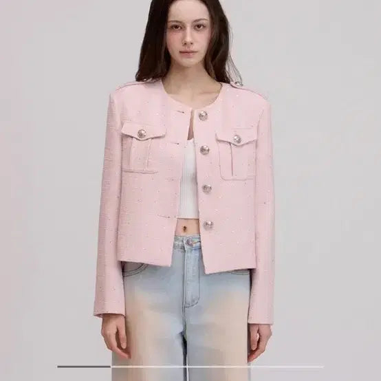 [BUNJANG] Parisian Vibe Pink Silver Pocket Sequin Tweed Jacket / 파리지앵바이브 핑크 은장 포켓 스팽글 트위드 자켓