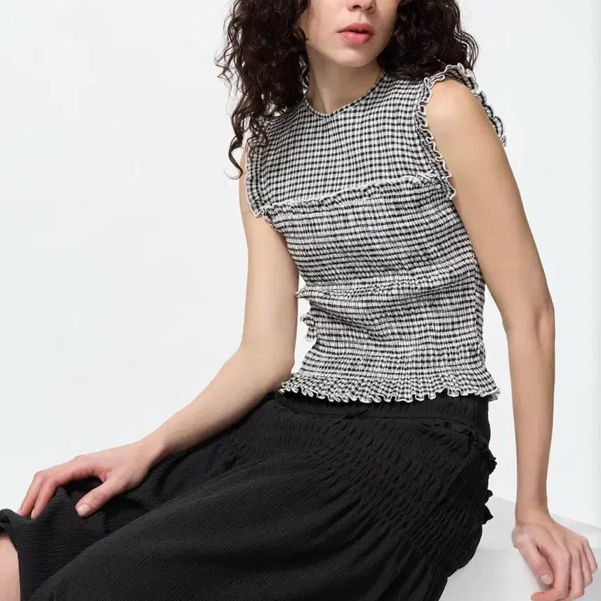 [BUNJANG] Uniqlo Cecilia B. x Cecilia.b Check Shirring Sleeveless Top M / (새상품)유니클로 세실리아반센 체크 슬리브리스 M